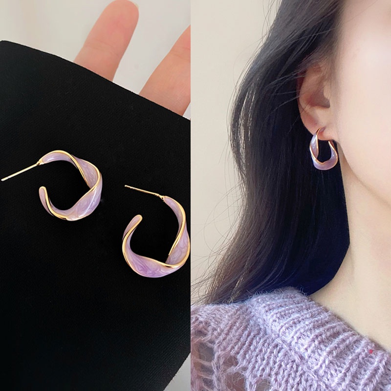 Aksesoris Perhiasan Anting Giwang Telinga Bentuk C Lembut Manis Warna Putih/Ungu/ Pink Untuk Perempuan Cantik