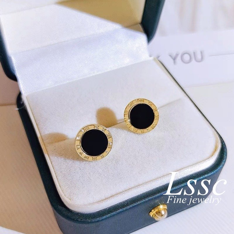 Anting Titanium Anti Karat Bulat Hitam Anting Tusuk Emas 18K Aksesoris Wanita Korea Fashion