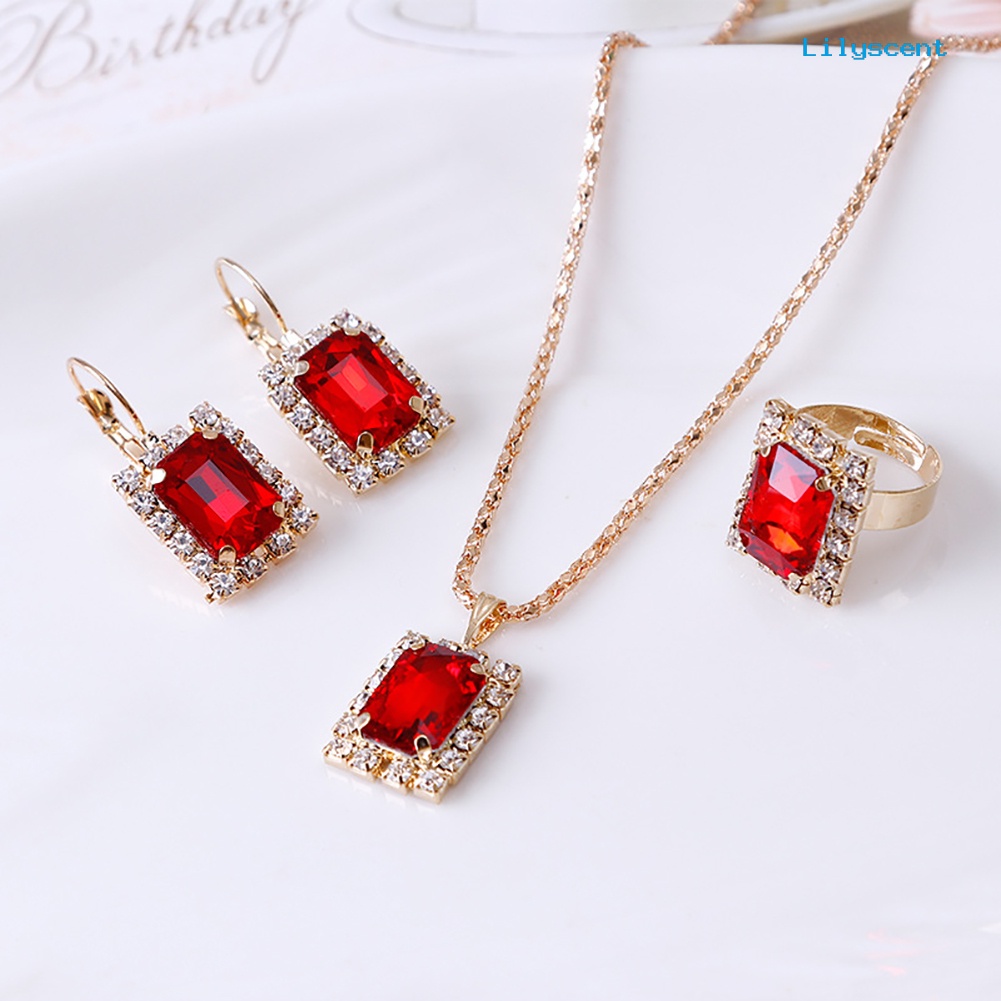 [LS] Set Perhiasan Fashion Wanita Perjamuan Pesta Pernikahan Kalung Anting Cincin Jari