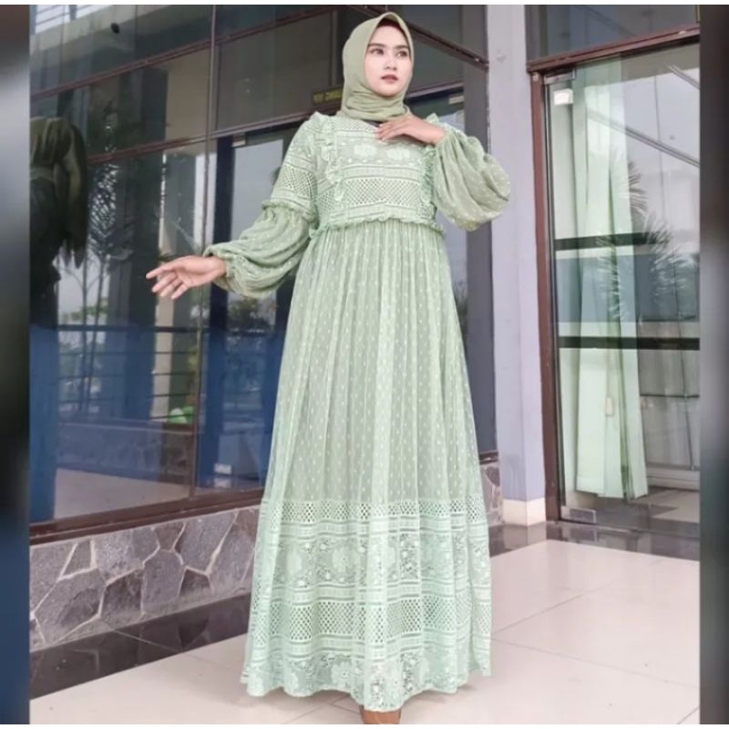 OLIVIA DRESS BRUKAT MIX TULLE WARNA HIJAU MINT UKURAN M L XL XXL / GAMIS BUSUI / GAMIS PESTA MUSLIMA