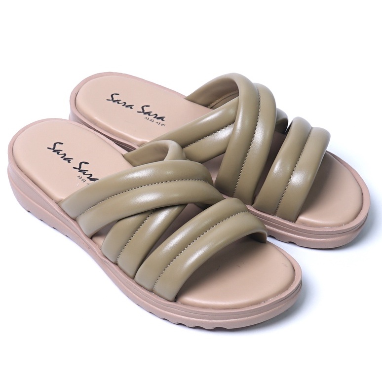 SARASARA YUK - Sandal Wanita Wedges SARA SARA DEKA Sendal Cewek Platform Wegdes Hak Tinggi 4cm Model Silang 2 Size 35 36 37 38 39 40 Pergi Jalan Santai Rumah Slop Belezza Warna Olive Green Sage Selop Premium Kekinian Terbaru Shoes ORI Mall Official Store