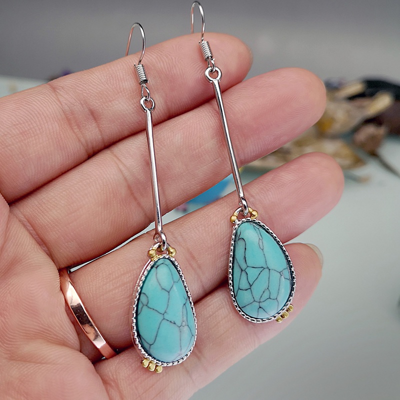 Vintage Wanita Anting Faux Turquoise Bentuk Labu Panjang Menjuntai Ear Hooks Perhiasan