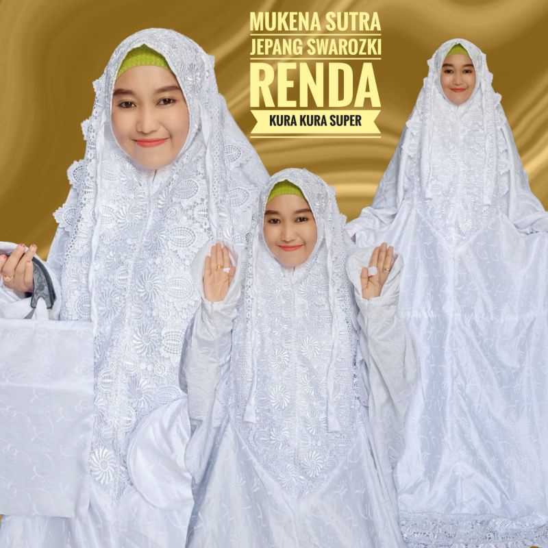 Mukena Sutra Jepang Renda Lebar Putih Terusan /Lajuran Full Bordir Timbul Putih