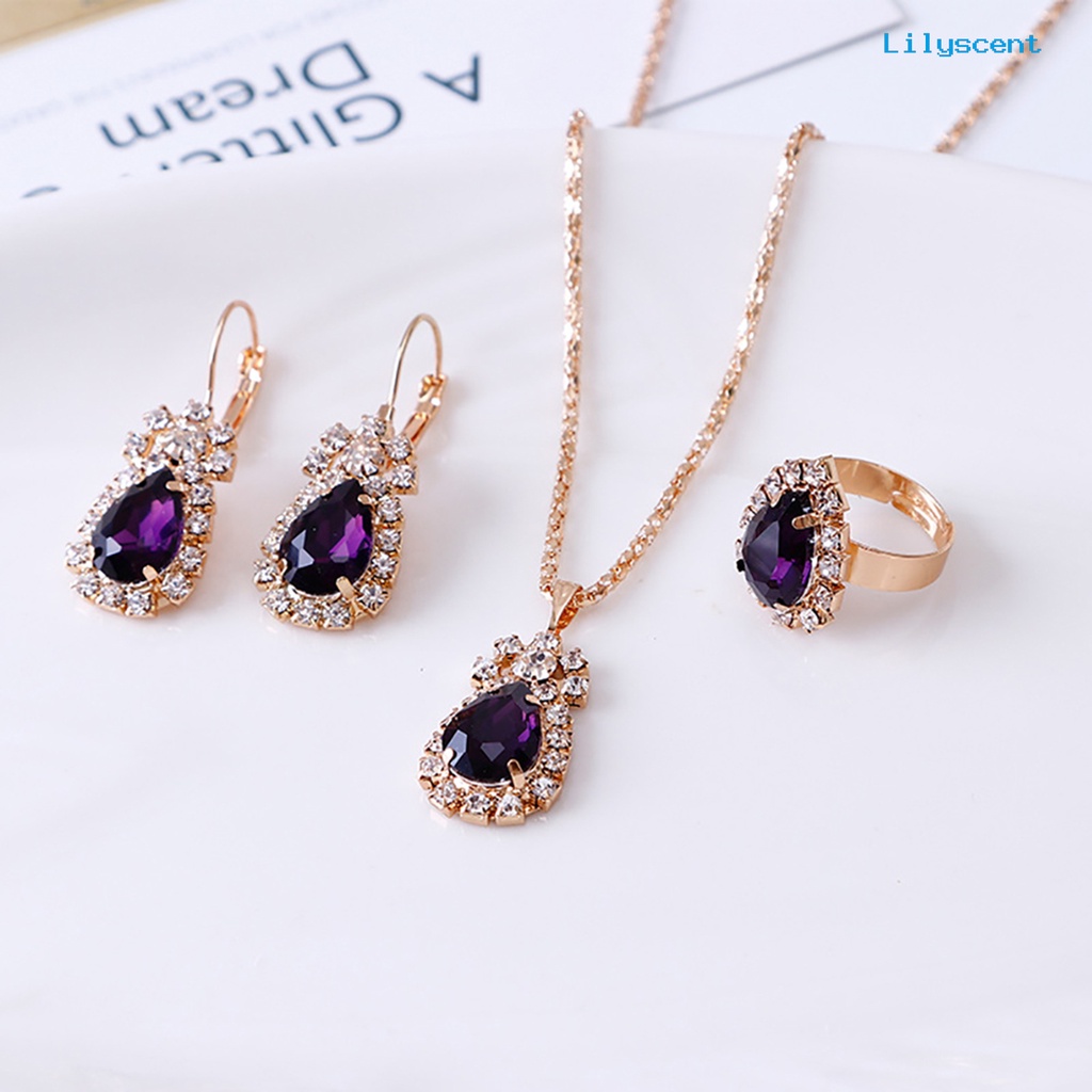 [LS] Set Perhiasan Eye-catching Mudah Senada Wanita Tetesan Air Berlian Imitasi Mengkilap Kalung Cincin Anting Untuk Pesta