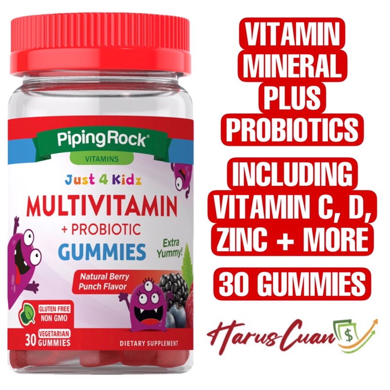 Piping Rock USA Multivitamin Plus Probiotics 30 Vegan Gummies Kids Children Anak Mineral Support Zin