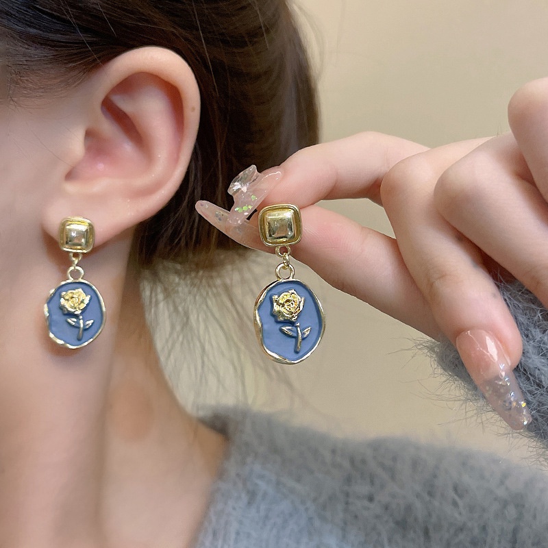 925jarum Perak Jarum Perancis Retro Biru Mawar Anting-Anting Perempuan Fashion Wanita Earrings