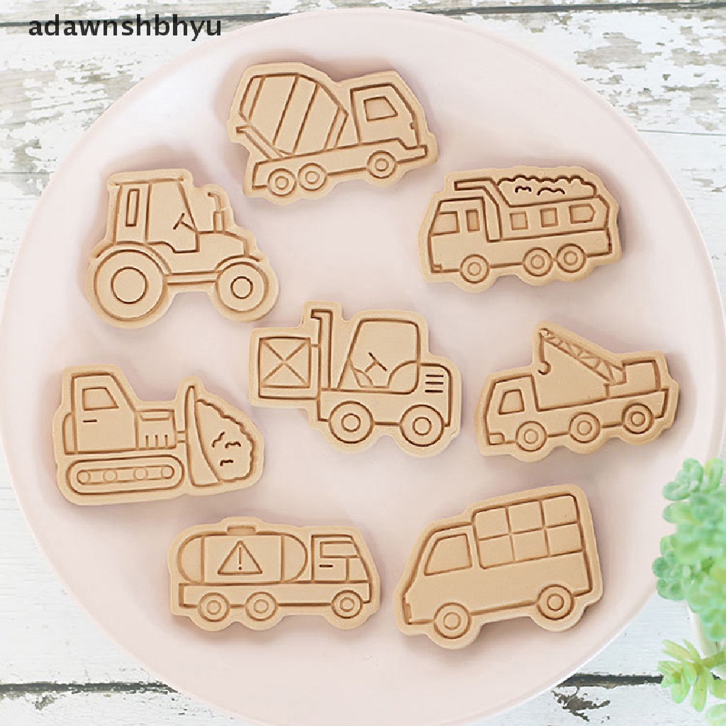 Adawnshbhyu 8Pcs /set Kendaraan Teknik Mobil 3D Kartun Cookie Cetakan Biskuit Cutter Stamps DIY Fondant Plunger Kue Alat Dapur Baking Pastry Bakeware Baking Tool ID