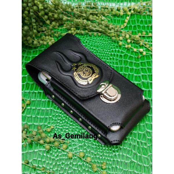 sarung hp kulit asli 6,7 - 7 inch logo polri