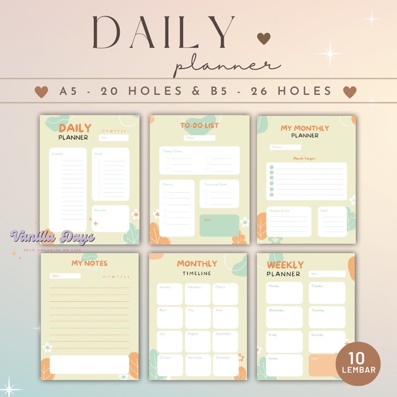 

[] Daily Planner Agenda Memo Notes Monthly Weekly Check List Kertas Refill Isian Binder Bullet Journal Bujo Loose Leaf Diary A5 B5 Fillable Catatan Harian Mingguan Bulanan Printable Goals Student Pelajar Produktif Productive Jadwal Editable Undated