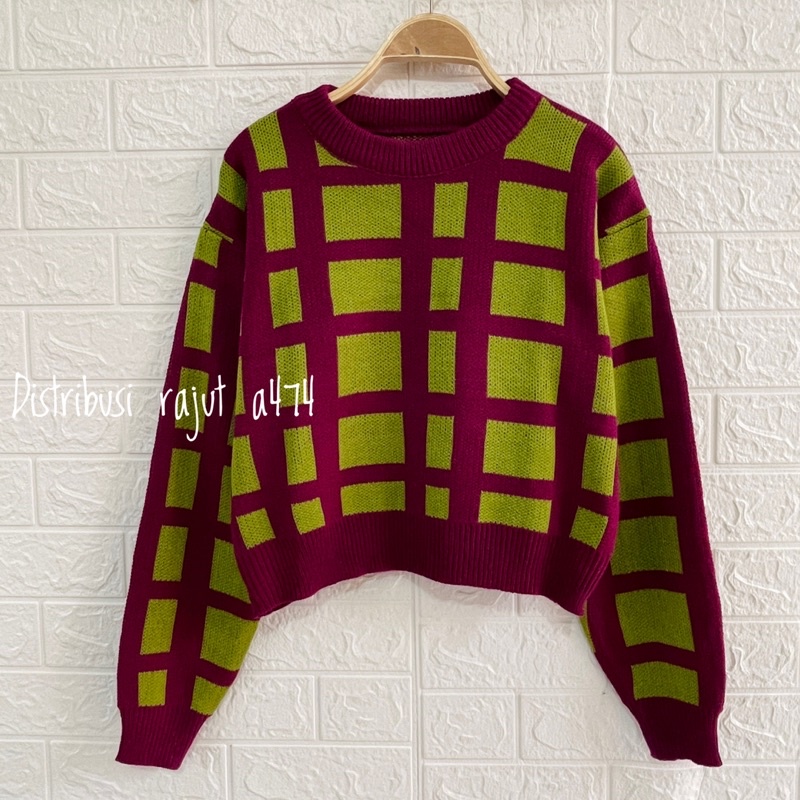 IMAS TOP KNIT IMPORT SWEATER RAJUT KOTAK KOTAK LENGAN PANJANG WANITA