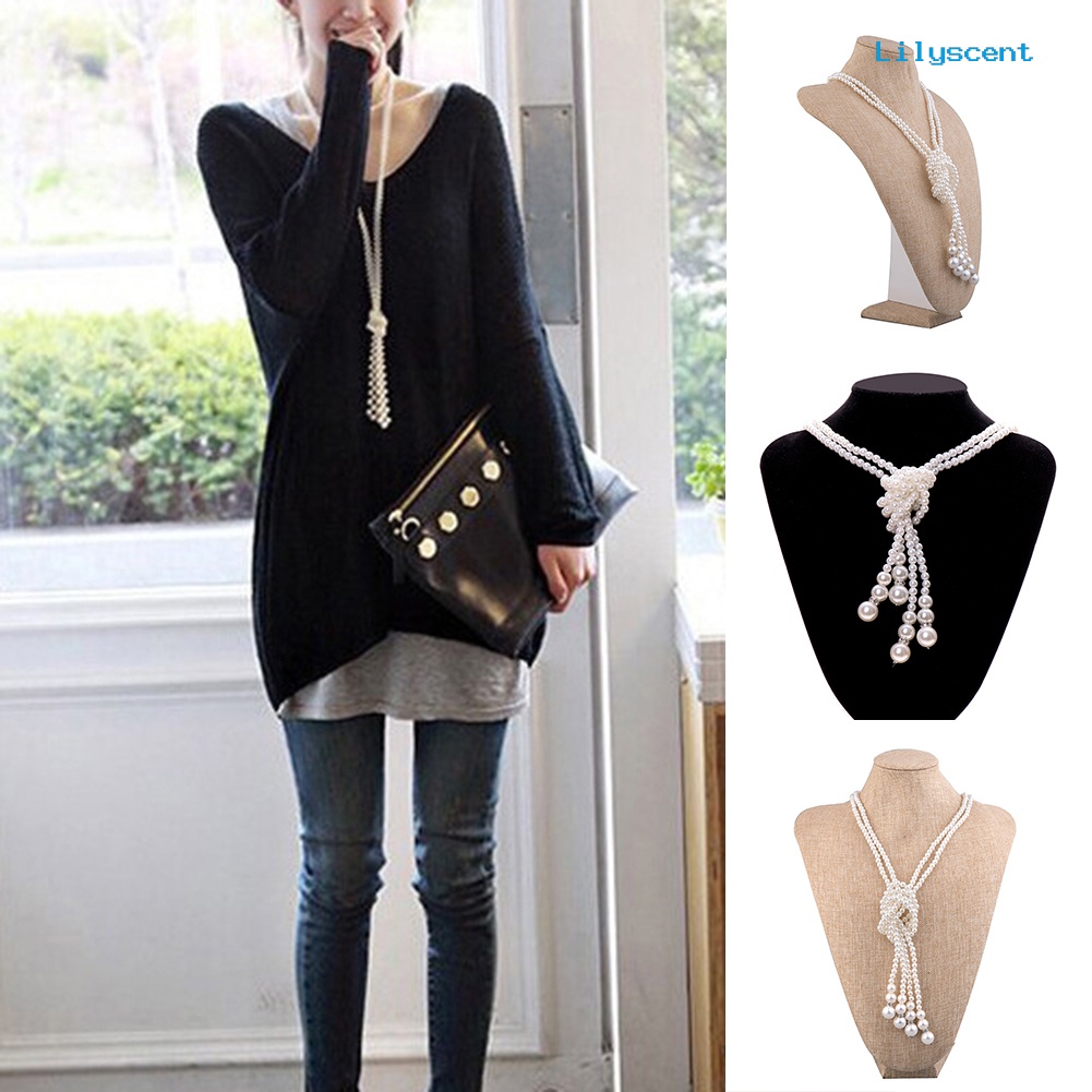 [LS]2Pcs /Set Panjang Mutiara Imitasi Double Layers Knotted Rantai Wanita Kalung