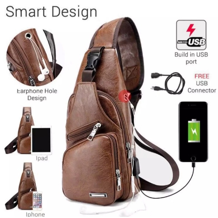 Tas Selempang Pria Kulit HIGH QUALITY Leather 818 Korea Fashion Import USB PORT Leather Bag Men