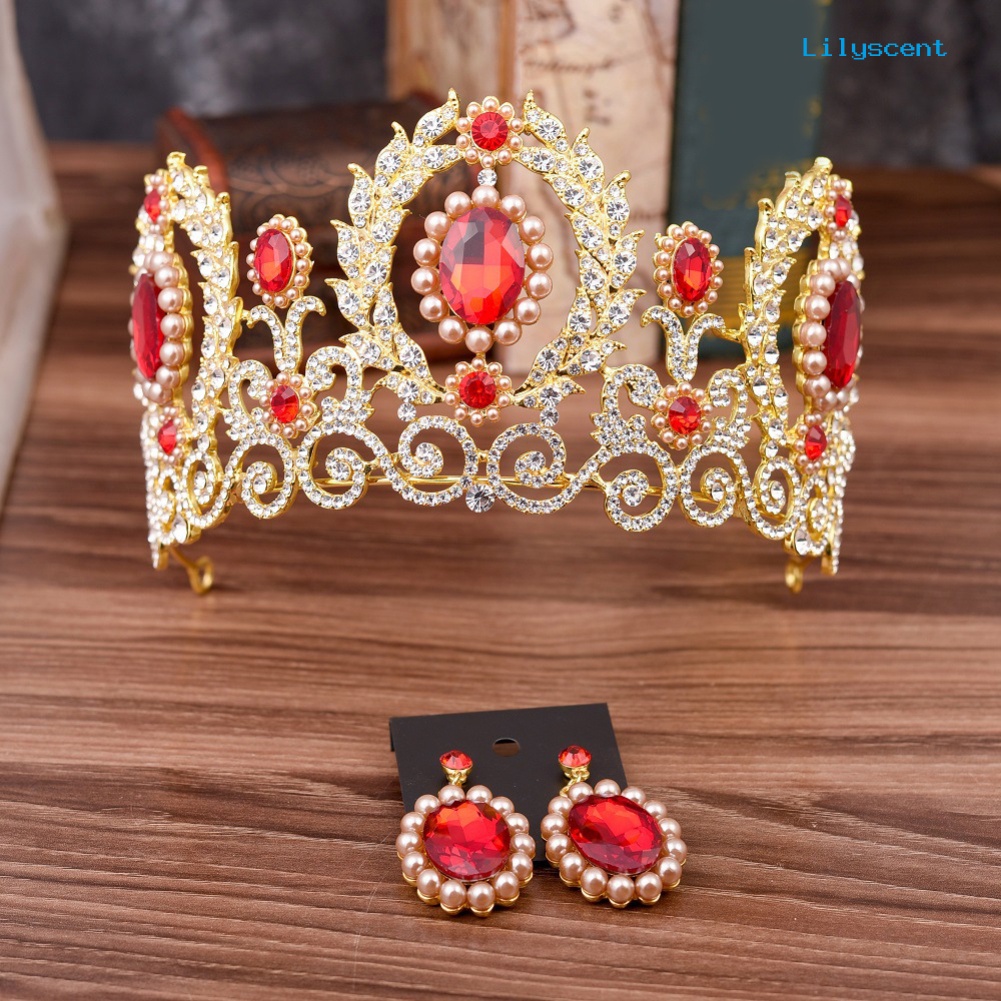 [LS]Baroque Wanita Berlian Imitasi Mahkota Mutiara Imitasi Tiara Anting Set Perhiasan Pernikahan