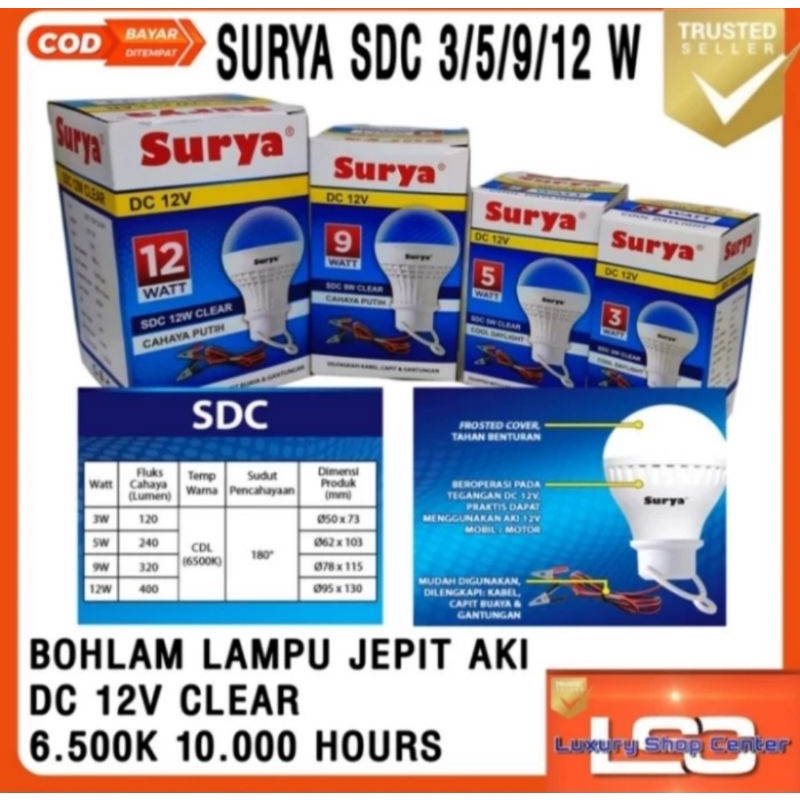 Bohlam Lampu LED 12W 12VDC + Kabel Jepit Aki SURYA