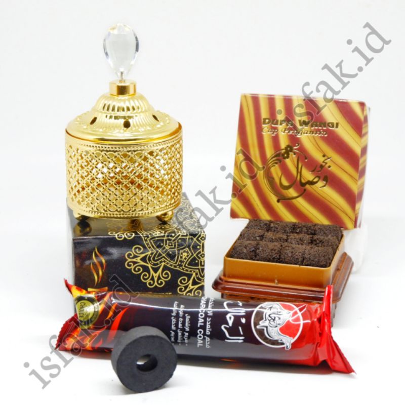 Paket 1 Set Mabkhara Bukhur Arang Magic Bukhour Wesal Bakhoor Oud Nabawi Dupa Wangi Magribi Menyan Tempat Dupa 7x13cm