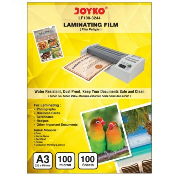 

PLASTIK LAMINATING / LAMINATING FILM UKURAN A3 ISI 100 LBR - JOYKO