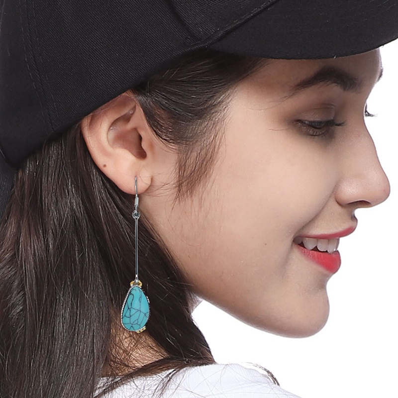 Vintage Wanita Anting Faux Turquoise Bentuk Labu Panjang Menjuntai Ear Hooks Perhiasan