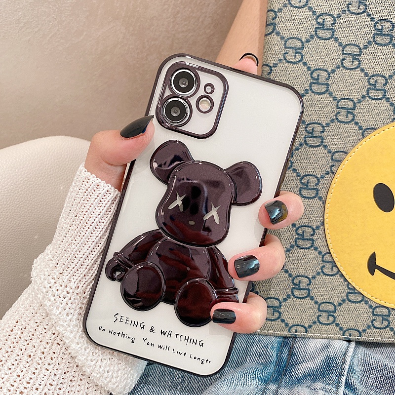 IPHONE Fashion Purple Bear Plating Phone Case Untuk Iphone13Mini12 11 Pro Max XS XR X8 7 6 6S Plus Se2020 Transparan Silikon Full Cover