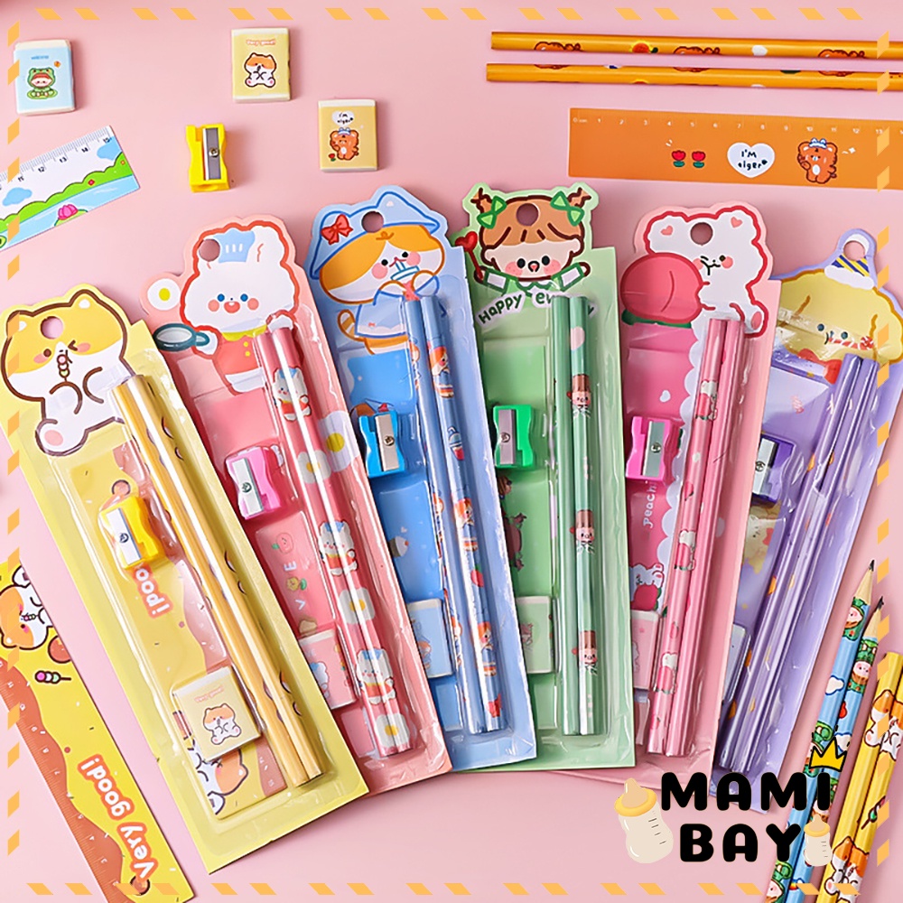 Mamibayi Pensil Set Penghapus Alat Tulis Anak Rautan pensil Stationery Set 5 in 1