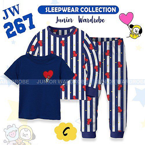 Baju Tidur Anak BT21 Warna Biru Piyama 3in1 Anak Perempuan Panjang Blue
