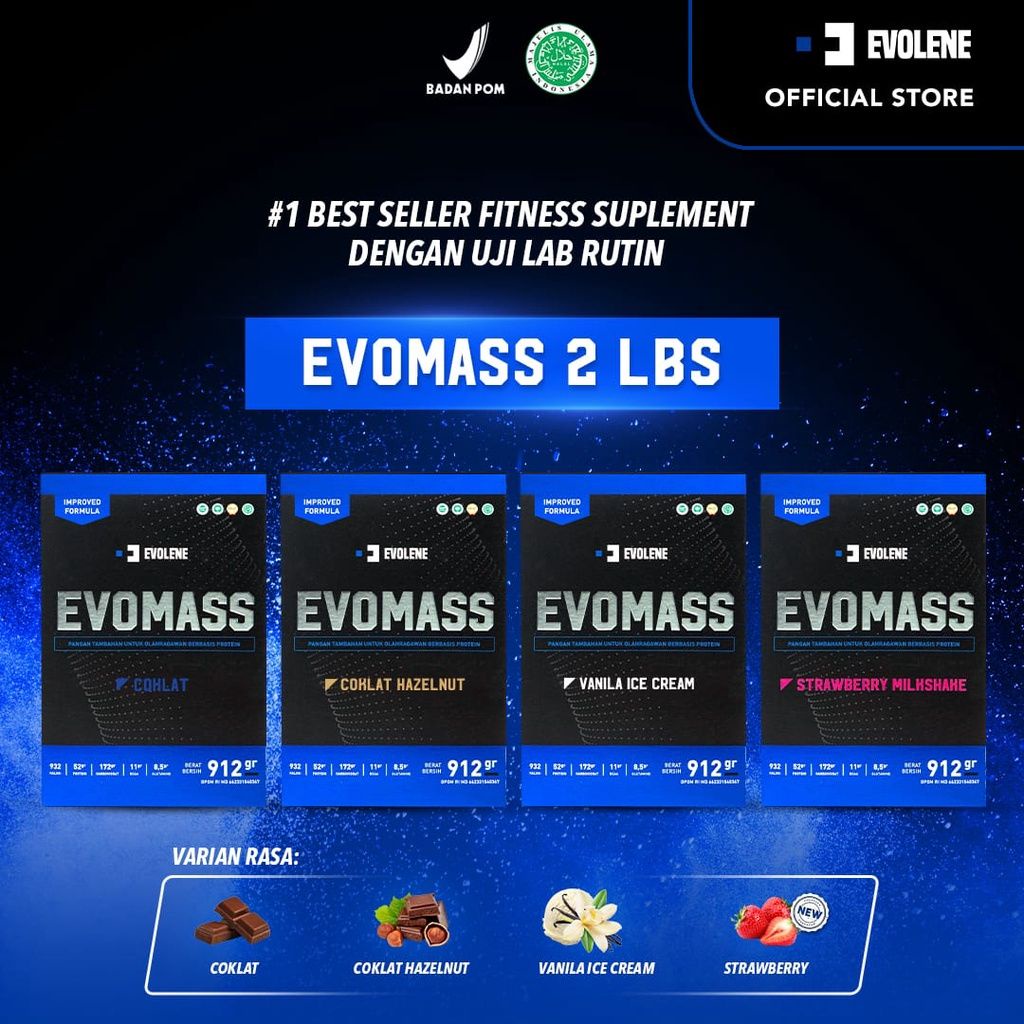 EVOMASS 912GR EVOLENE ORIGINAL SUSU PROTEIN GAINER BPOM HALAL 2LBS 2 LB LBS 912 GR EVO MASS MAS VANILA VANILLA ICE CREAM GAINER PENAMBAH BERAT BADAN PENGGEMUK EVOMESS EVOMES MESS EVOMAAS 2LB