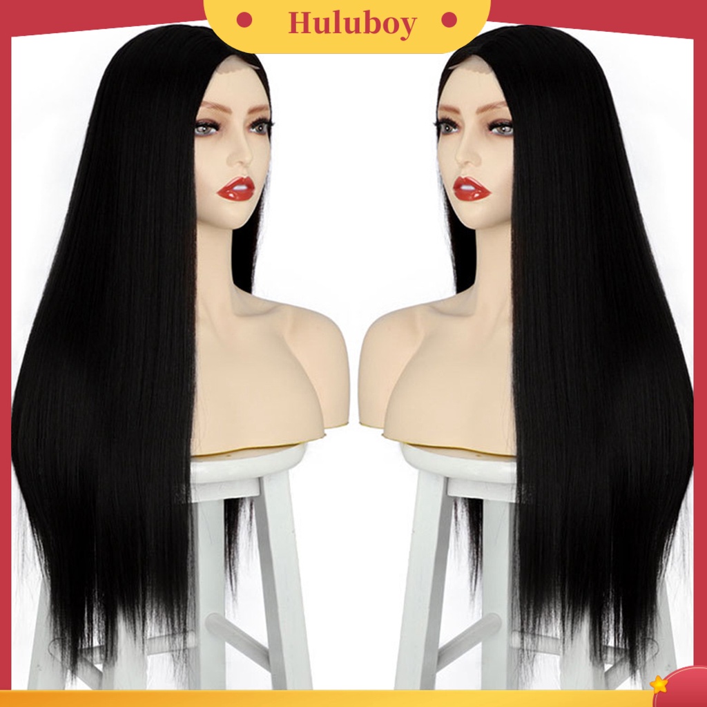 Wig Rambut Panjang Lurus Warna Hitam Bahan Silk Suhu Tinggi Untuk Wanita