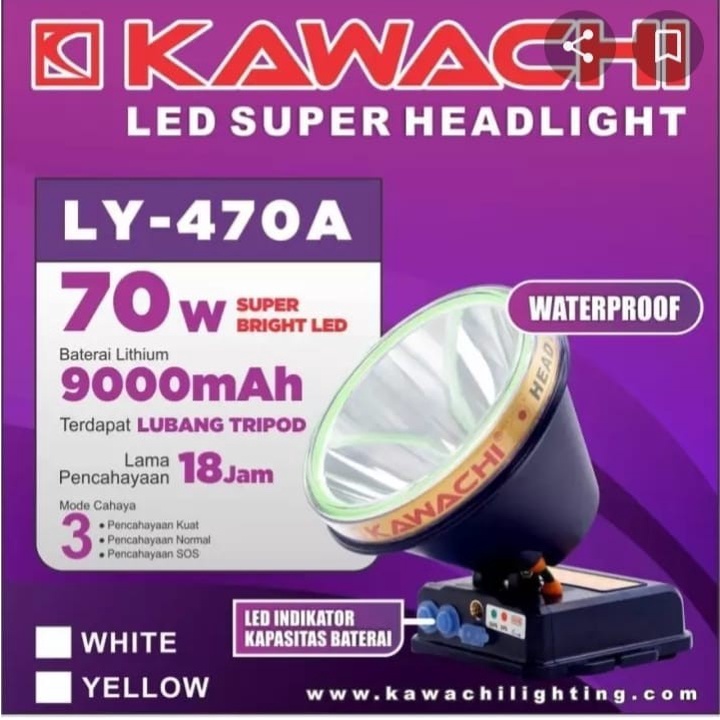 COD SENTER KEPALA LED SUPER HEADLIGHT 70 WATT KAWACHI LY-470A WATERPROOF CAHAYA PUTIH 70 WATT SUPER TERANG
