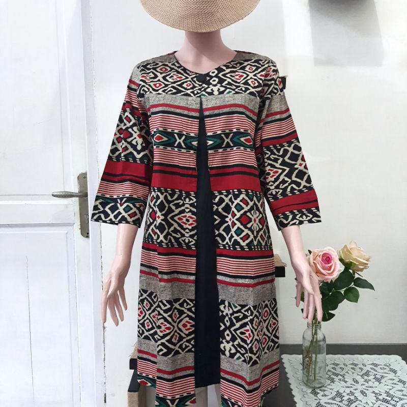 Tunik Batik Motif 2 Layer l Dress Batik Stretch Jumbo l Tunik Batik Wanita Modern l Batik Motif Tenu