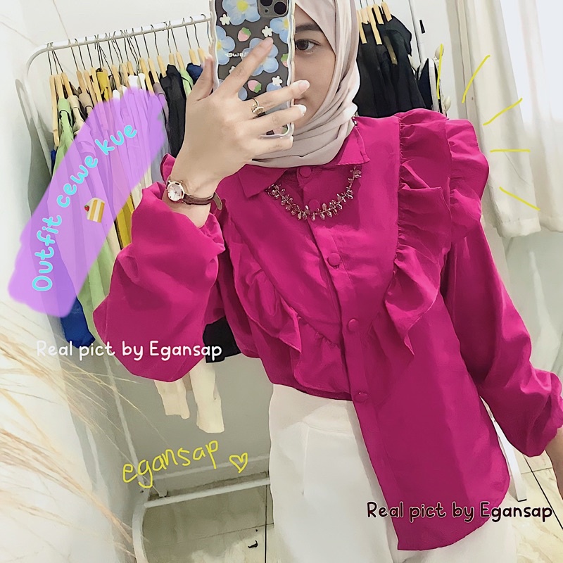 Amber | Blouse Rimpel Rufle Korean Style  Baju Atasan Wanita Kekinian Fashion Muslim  Fuschia Kondangan Dinner Party