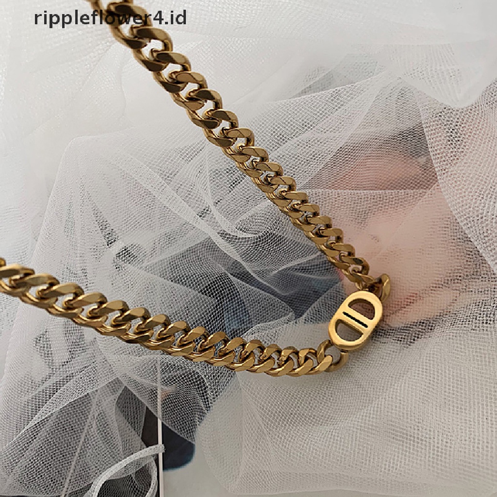 {rippleflower4.id} Fashion Baru Emas Tebal Rantai Huruf Double D Titanium Steel Kalung Wanita Hip-hop Hidung Babi Klavikula Rantai Liar Keren Gadis Jewery~