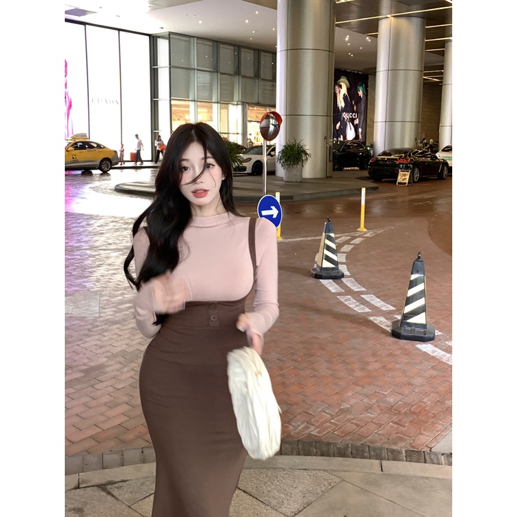 ๑♨┋Suhao Pure Desire Tali Ikat Gaun Wanita Musim Gugur dan Musim Dingin Baru Spice Girl Ketat Kembali Rok Ibu Paket Hip Panjang Sedang rok Ekor Ikan