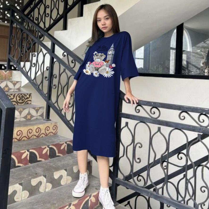 BAJU DRESS OVERSIZE BASIC DTF BUNGA BEAR / OVERSIZE TUNIK PREMIUM DIGITAL PRINT