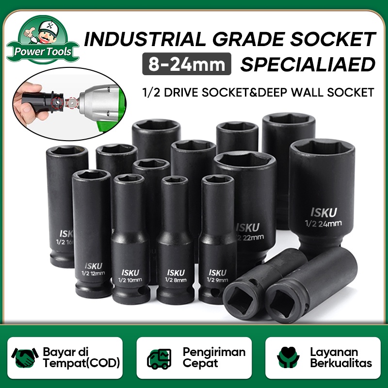 ISKU 1/2 Mata Shock Impact 8-41mm Panjang Dan Pendek Profesional tools 1/2  Impact Socket 8-41mm Mata Sok impact 22mm