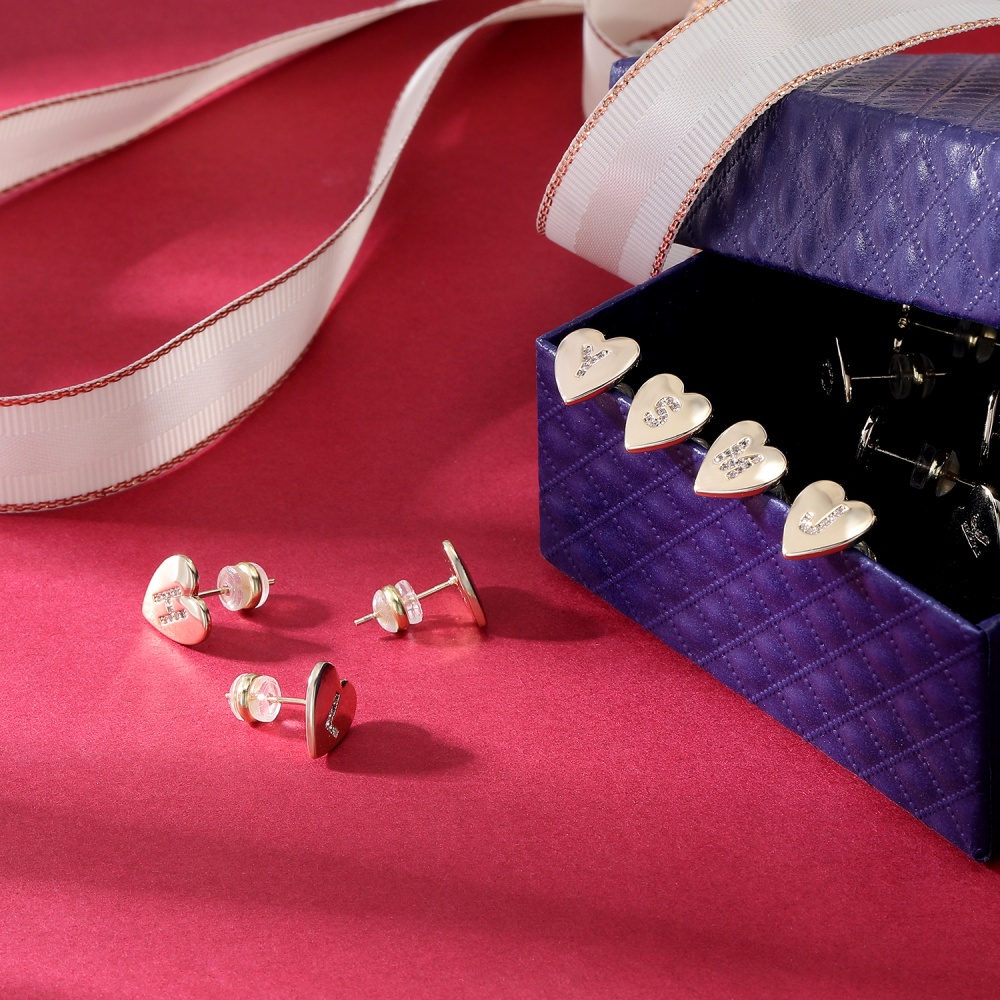 1pasang S925 Anting Giwang Untuk Wanita Perempuan Berlapis 14K Anting Pejantan Peach Hati Surat Kristal Tulang Rawan Earrings