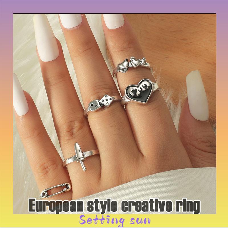 Domingo Ring Alloy peniti dadu love pedang retro silver cincin wanita fashion korea 5 set TN