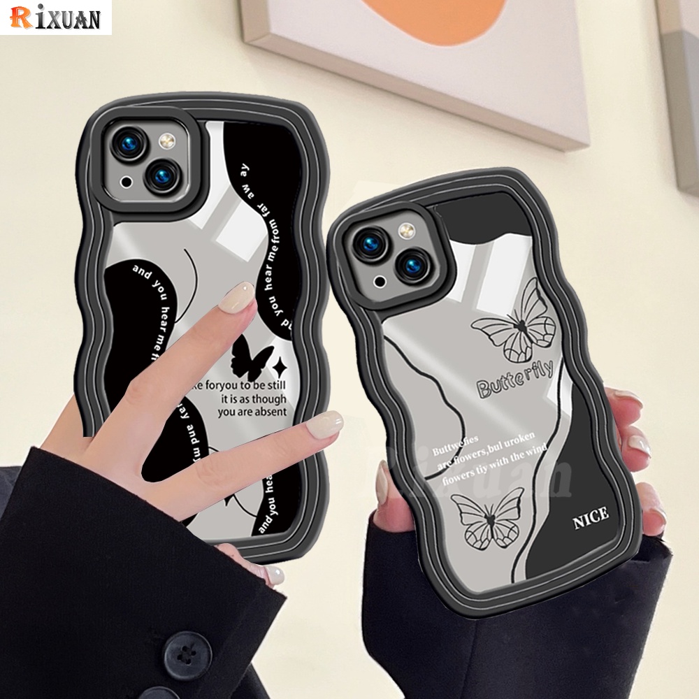 IPHONE Case Fashion Kompatibel Untuk Iphone11 14 12 13 Pro MAX iPhone7 8plus 6s Plus XR 14Plus XS MAX SE 2020hitam Retro Kupu-Kupu Bergelombang Tepi Shockproof TPU Lembut Bening CoverRIXUAN