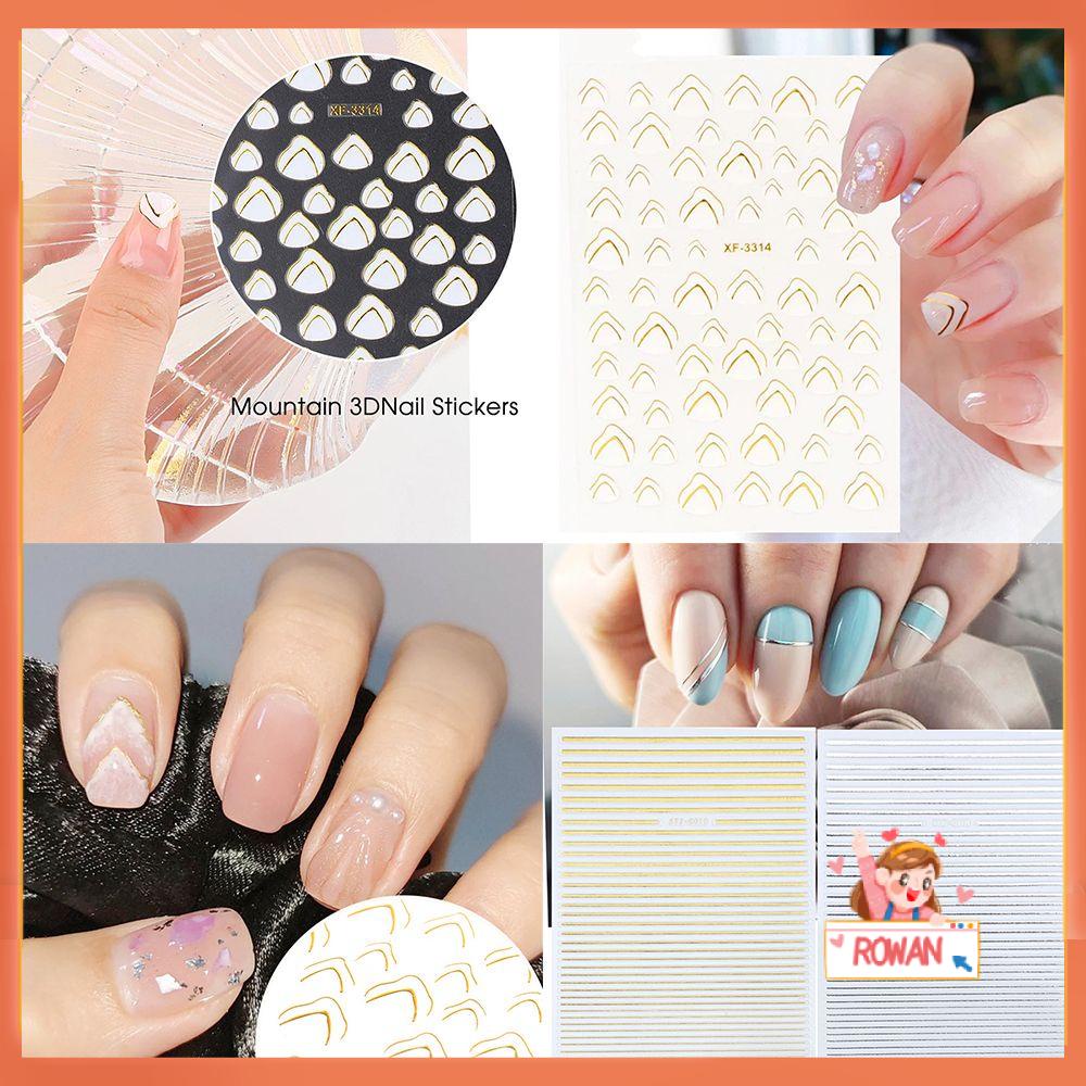 R-flower 3D Nail Sticker Self Adhesive Silver Gold Garis Geometris Stripe Transfer Stickers