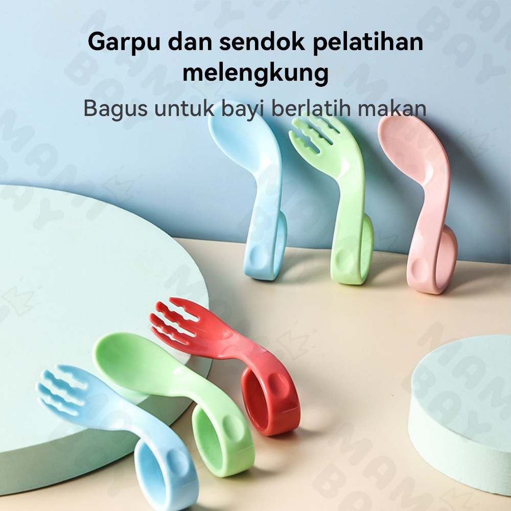 Mamibayi Sendok Garpu Anak Bengkok/Sendok Bayi Belajar Makan Sendiri/Training Spoon Baby