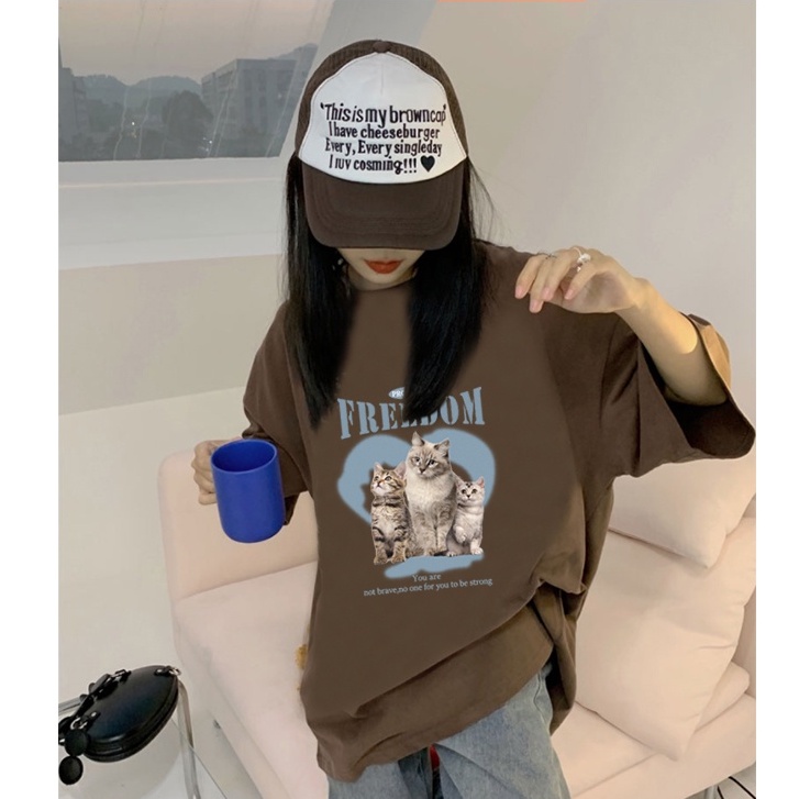 baju atasan wanita terbaru kaos american retro cat letter graphic print T-shirt oversize kekinian toffe kaos basic