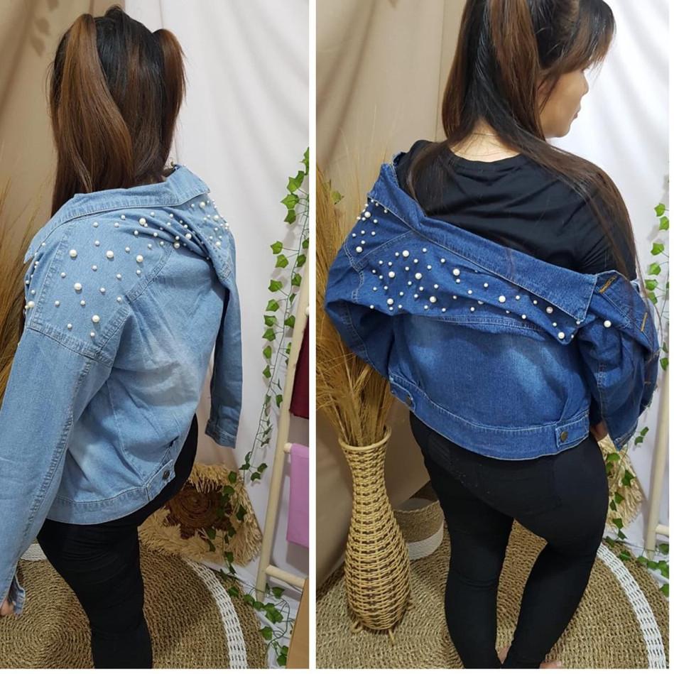 Terbaik ✅ COD - JAKET JEANS CROP KOMBINASI MUTIARA TEMBAK OVERSIZE CROP/JAKET JEANS WANITA / JAKET W