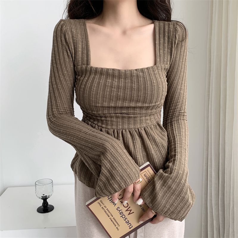 ﹍✼Suhao gaya hasrat murni hot girl square collar long-sleeve t-shirt wanita musim gugur dan musim dingin trumpet sleeve bottoming shirt dengan slim fit dan thin belly cover top