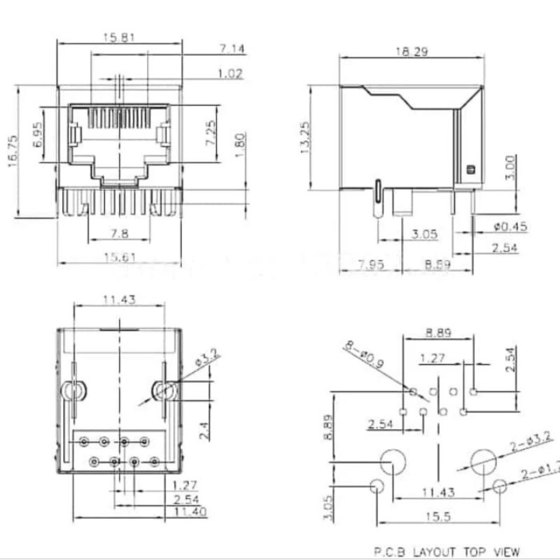 Konektor RJ45 Female 8P8C PCB 8 Pin Lan