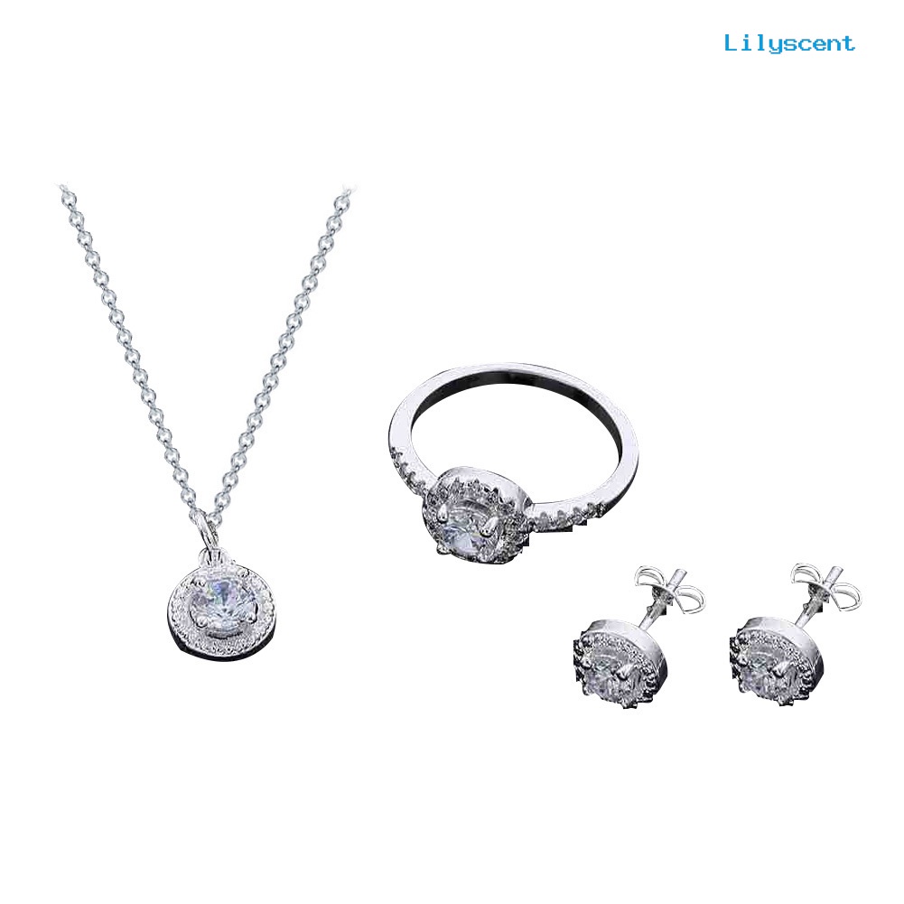 [LS] Wanita Bulat Zirkon Telinga Studs Terbuka Cincin Kalung Fashion Pesta Perhiasan Pesona Set