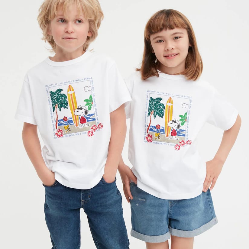 Kaos Anak Laki-laki Perempuan Putih Motif Surfing Snoopy