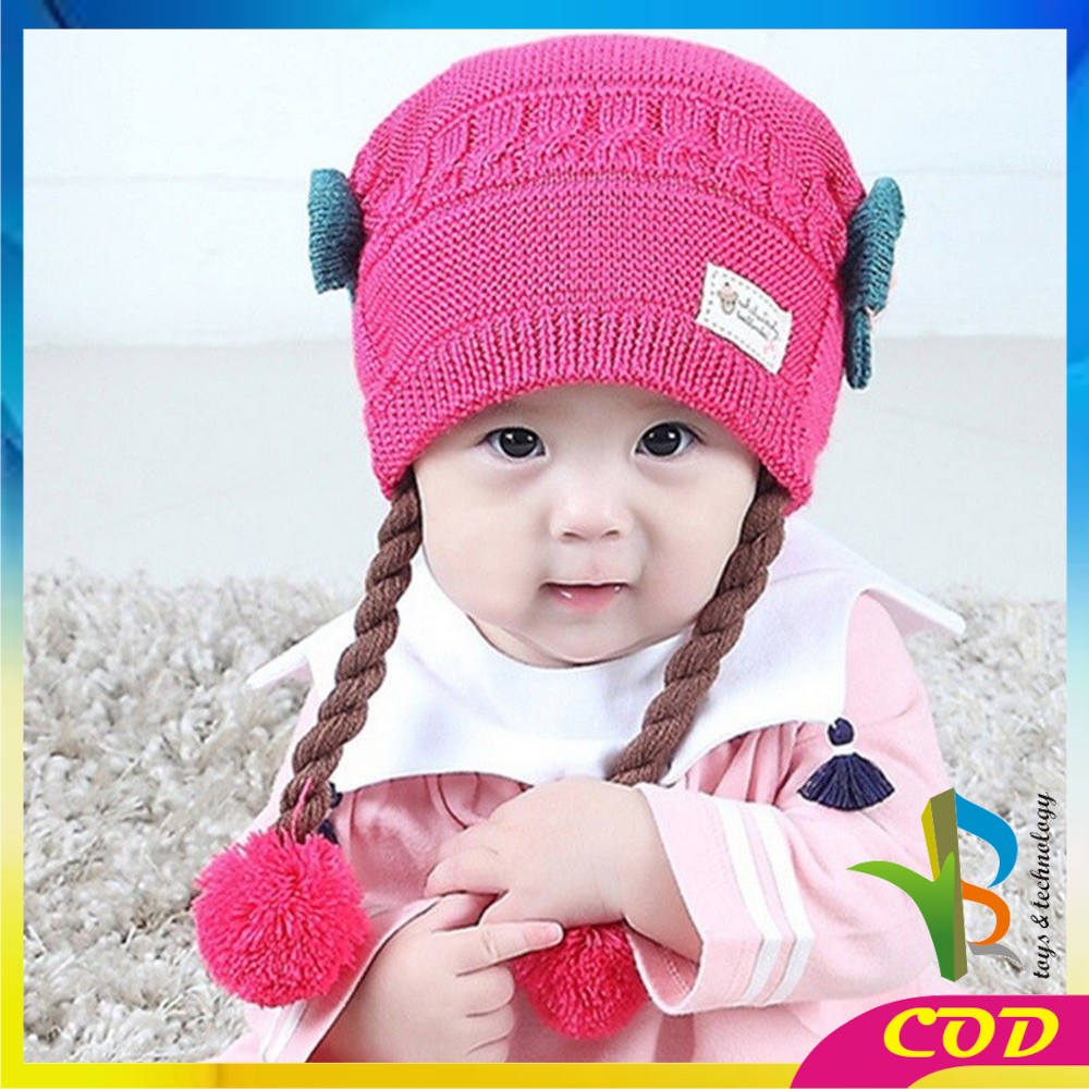RB-P19-21 Topi Anak Perempuan Rambut Kepang / Topi Bayi Kupluk Rajut Imut Lucu / Baby Hat Wig Impor