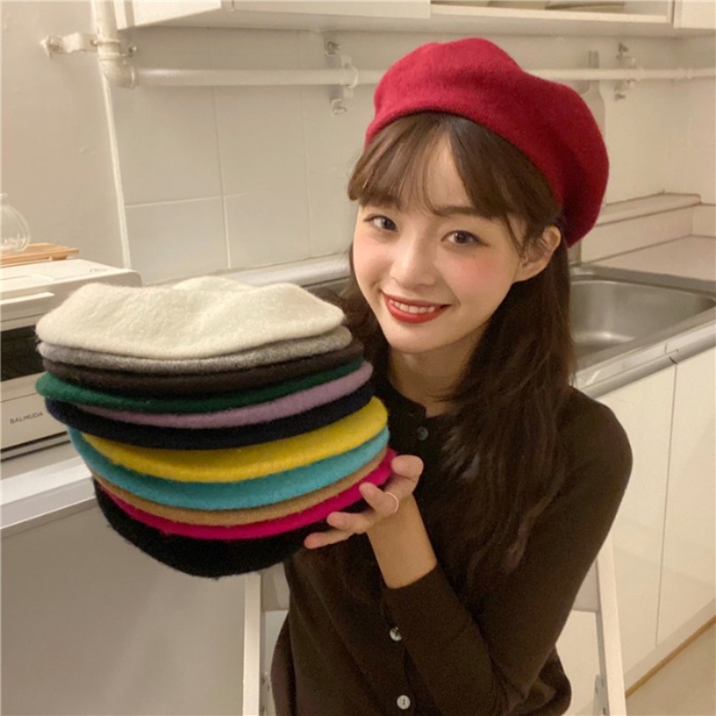 [Hot Sale] Korea Fashion Baret Wol Hangat/Retro Solid Colours Beret Hats/Topi Kupluk Musim Dingin Gaya Artis Perancis Untuk Wanita Perempuan