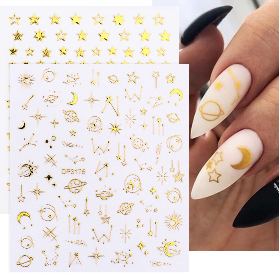 1pcs Kualitas Tinggi Perekat Stiker Kuku Baru 3D Emas Matahari Bulan Bintang Stiker Kuku Nail Art Dekorasi Nail Decals Design Untuk Wanita