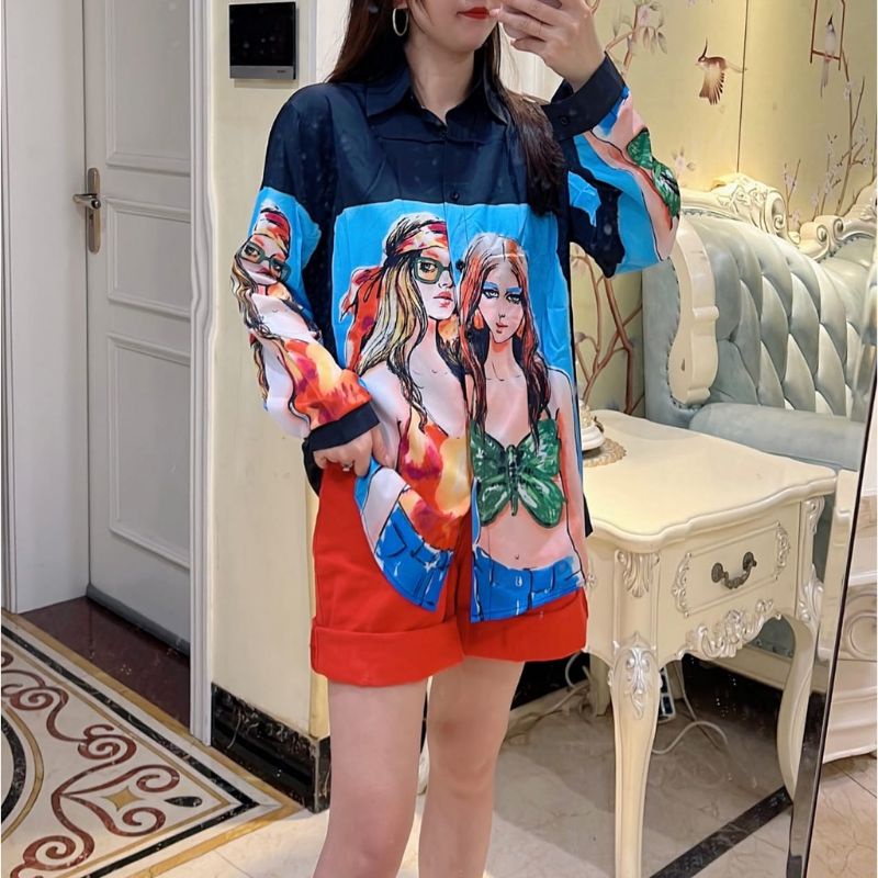 Atasan baju blus blouse kemeja lengan panjang motif gambar lucu unik gaya Korea terupdate Korean sty