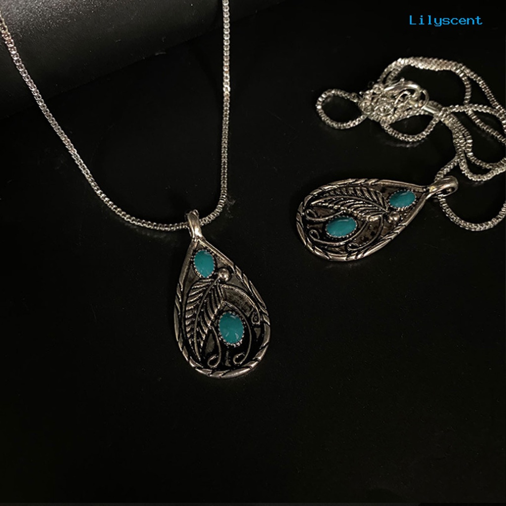 [LS] Vintage Unisex Kalung Alloy Kalung Turquoises Stone Leaf Water Drop Pendant Necklace Untuk Hadiah