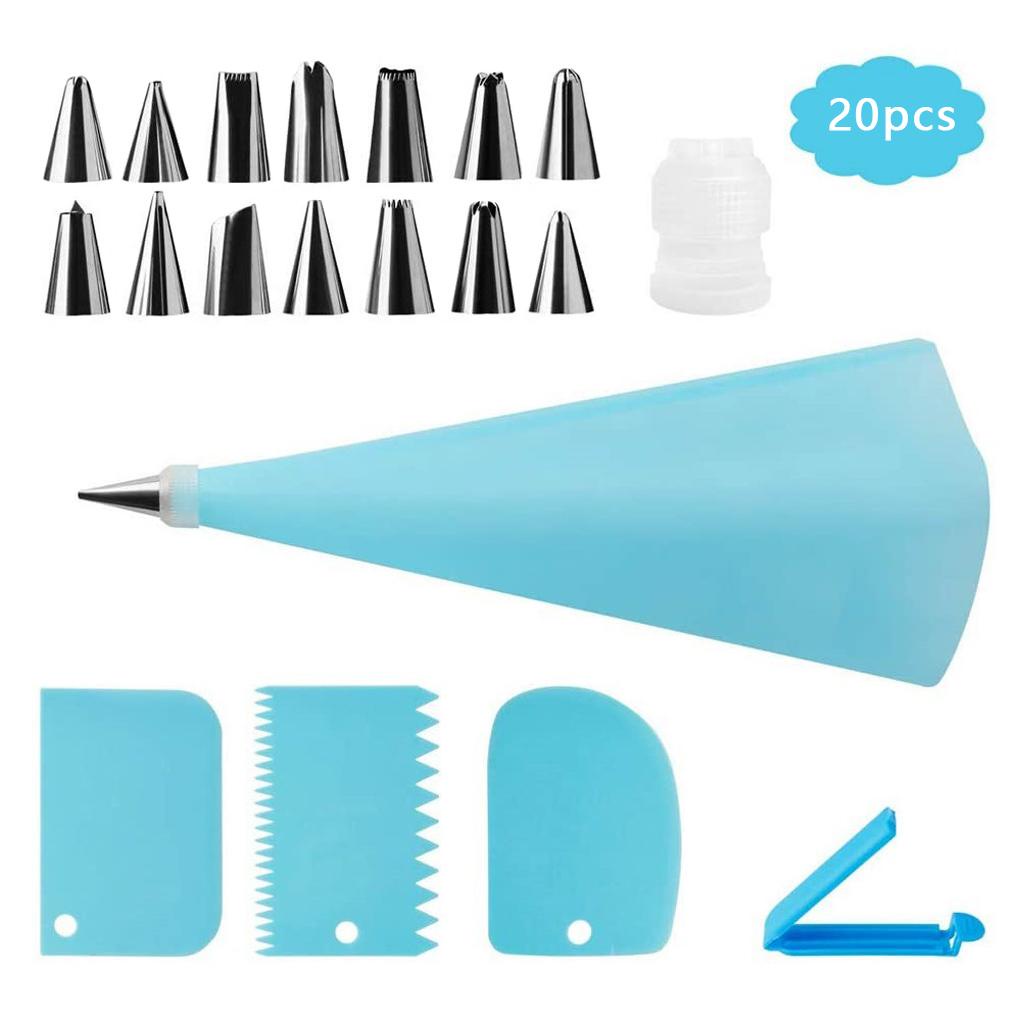 20pcs/set Frosting Kit Dekorasi Kue Icing Bag Scraper Food Tong Icing Nozzle Set Alat Baking